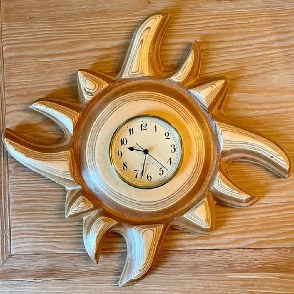 Vintage Wood Sunburst Wall Clock MCM Southwestern Rustic Quartz 15.5"
